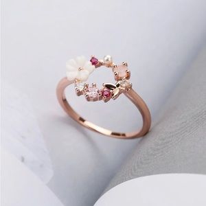Fashion Creative Butterfly Flowers Rose Gold Zircon Finger Wedding Ring Size 6
